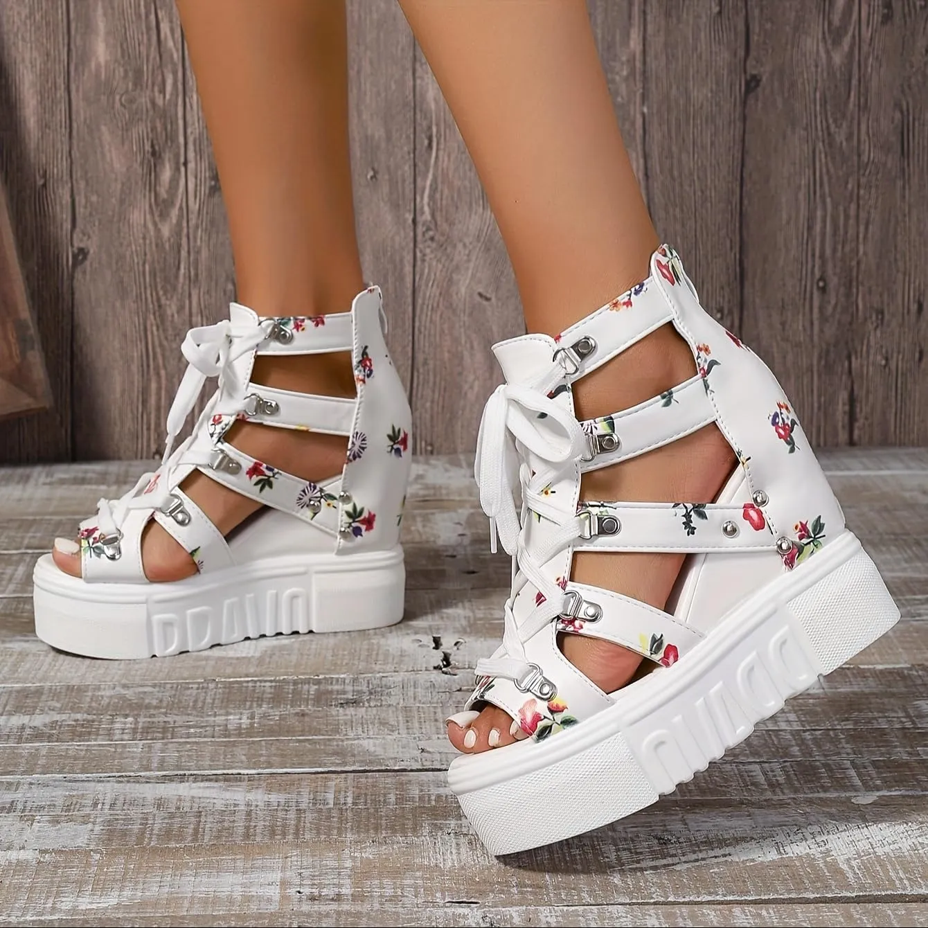 Women's fashion Sandals, Back Zipper Platform Hollow Lace Up Shoes, Summer Breathable Wedge Holiday Shoes
