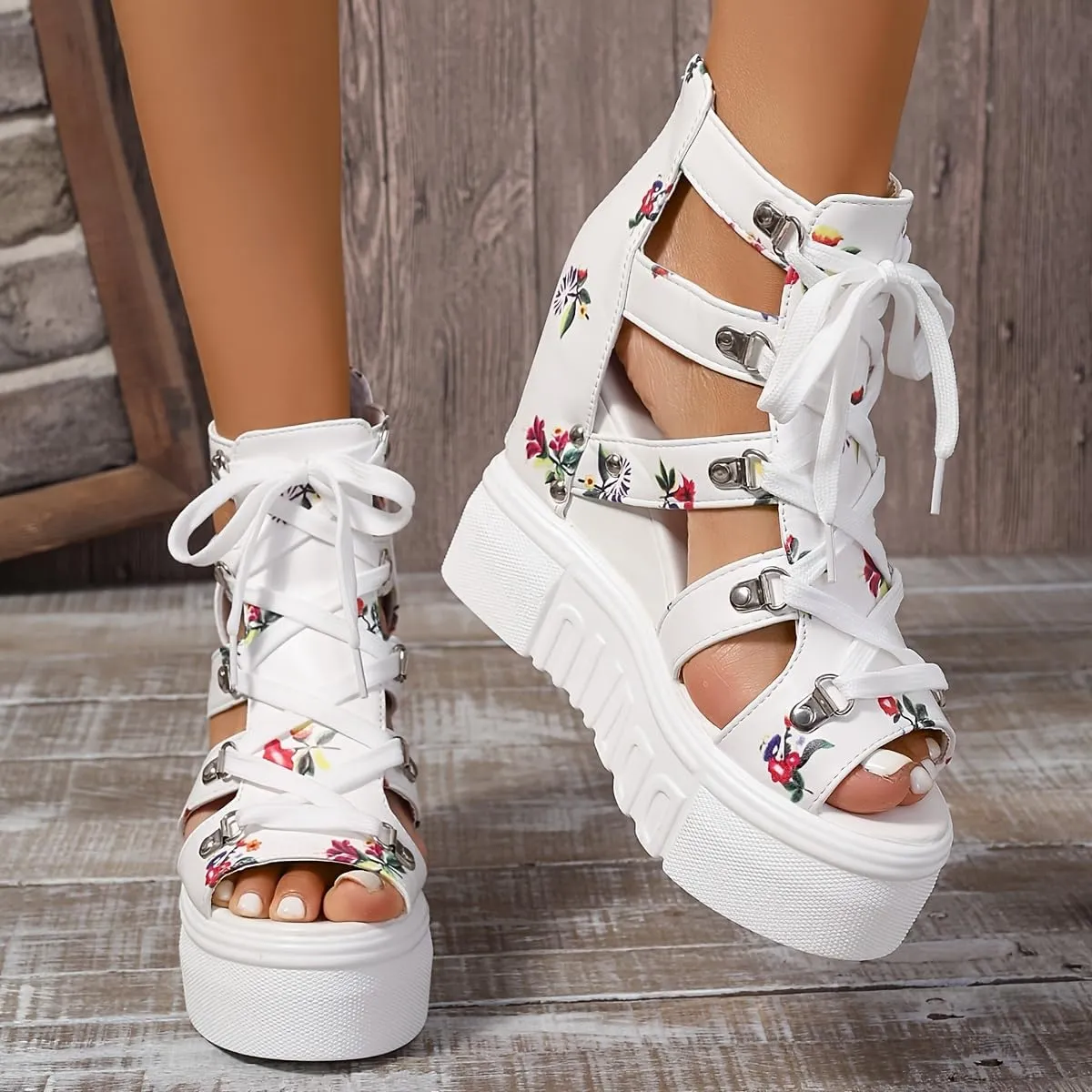 Women's fashion Sandals, Back Zipper Platform Hollow Lace Up Shoes, Summer Breathable Wedge Holiday Shoes