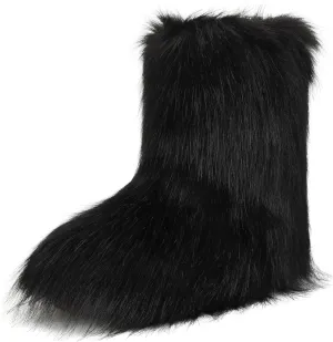 Women's Faux Fur Boots Furry Fluffy Round Toe Snow Boots Warm Lined Fuzzy Flat Comfy Winter Mid Calf Boots