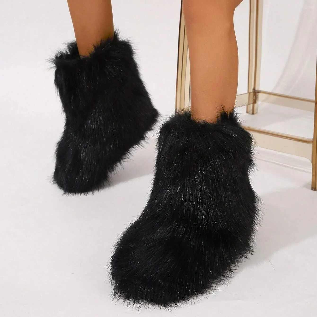 Women's Faux Fur Boots Furry Fluffy Round Toe Snow Boots Warm Lined Fuzzy Flat Comfy Winter Mid Calf Boots