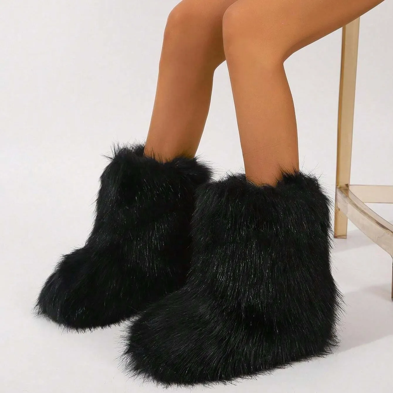 Women's Faux Fur Boots Furry Fluffy Round Toe Snow Boots Warm Lined Fuzzy Flat Comfy Winter Mid Calf Boots
