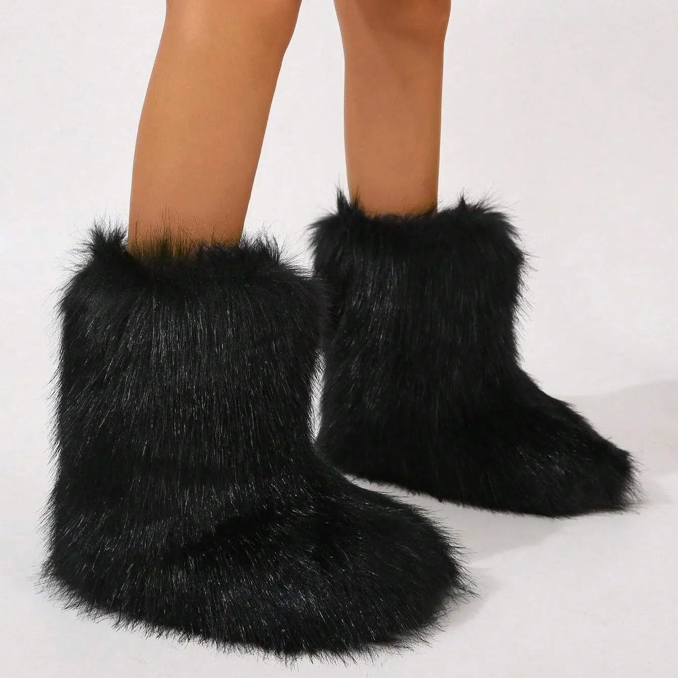 Women's Faux Fur Boots Furry Fluffy Round Toe Snow Boots Warm Lined Fuzzy Flat Comfy Winter Mid Calf Boots