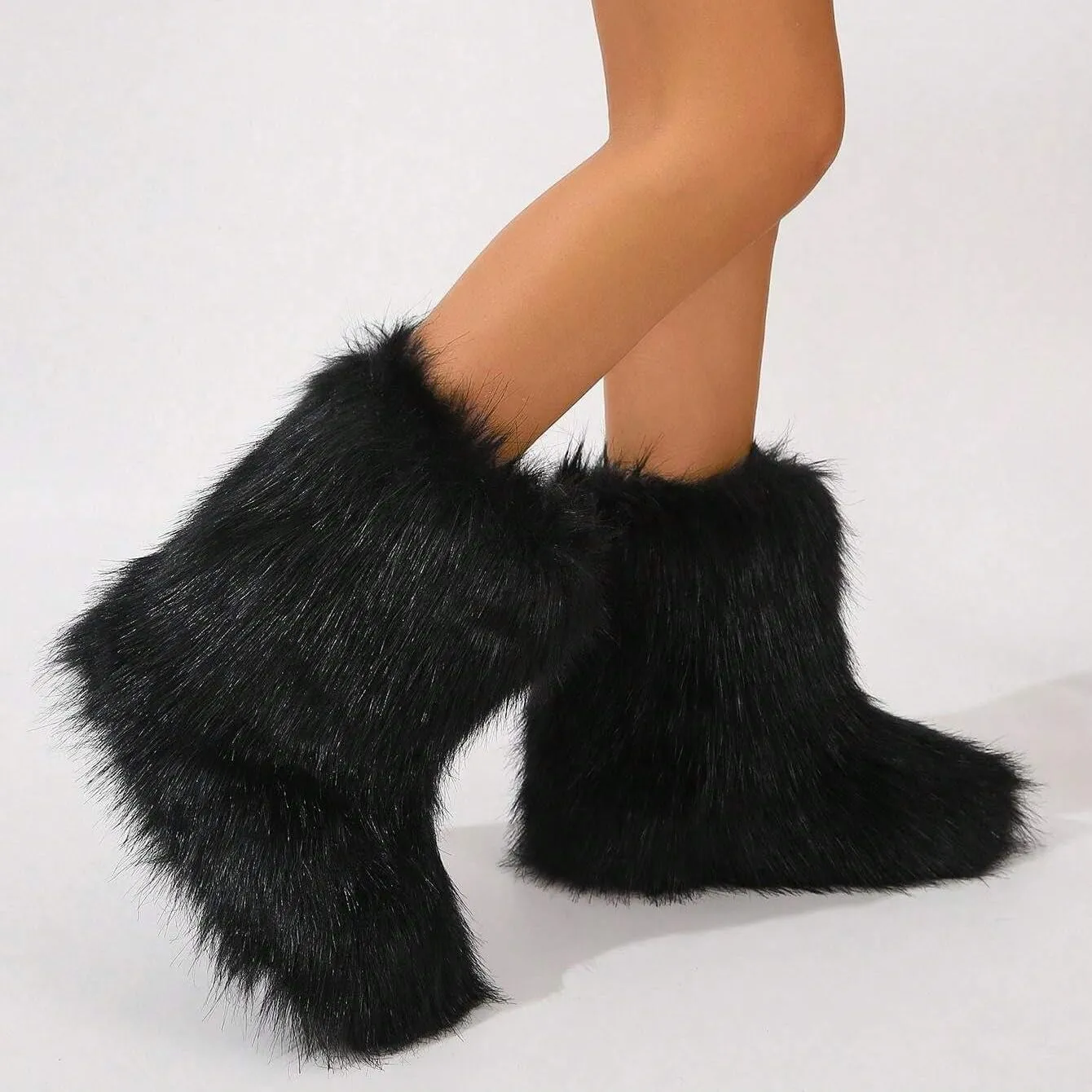 Women's Faux Fur Boots Furry Fluffy Round Toe Snow Boots Warm Lined Fuzzy Flat Comfy Winter Mid Calf Boots