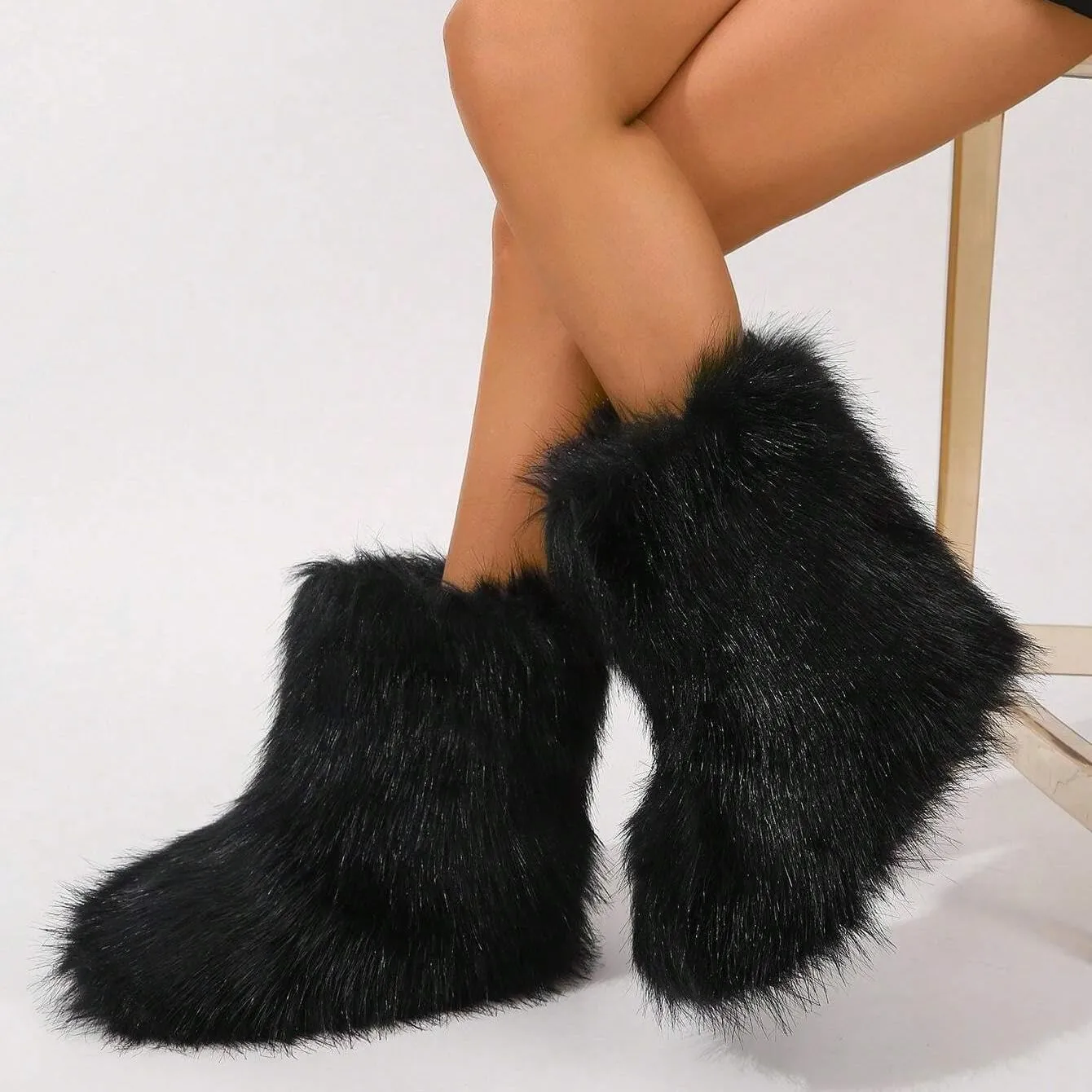 Women's Faux Fur Boots Furry Fluffy Round Toe Snow Boots Warm Lined Fuzzy Flat Comfy Winter Mid Calf Boots