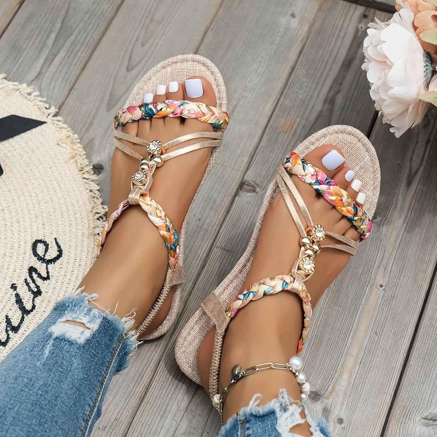 Womens Flat Sandals Ankle Strap Boho Sandals for Women 2025 Dressy Slip on Comfortable Bohemian Beaded Summer Thong Flats