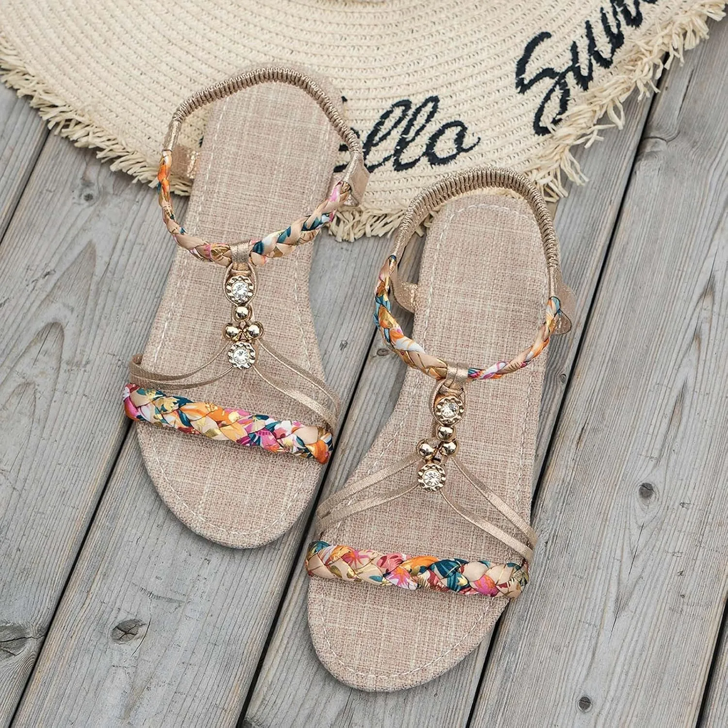 Womens Flat Sandals Ankle Strap Boho Sandals for Women 2025 Dressy Slip on Comfortable Bohemian Beaded Summer Thong Flats