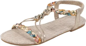 Womens Flat Sandals Ankle Strap Boho Sandals for Women 2025 Dressy Slip on Comfortable Bohemian Beaded Summer Thong Flats