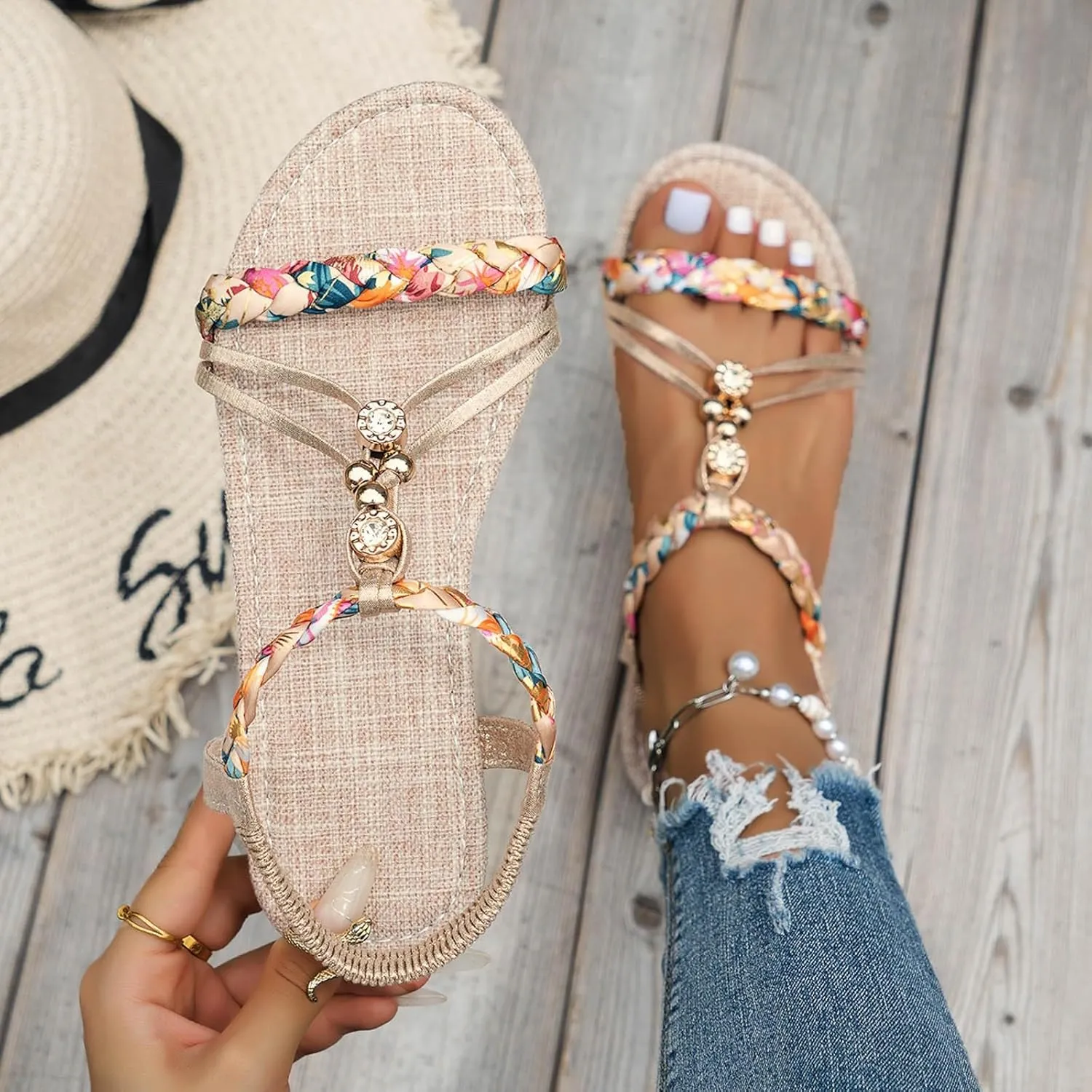 Womens Flat Sandals Ankle Strap Boho Sandals for Women 2025 Dressy Slip on Comfortable Bohemian Beaded Summer Thong Flats