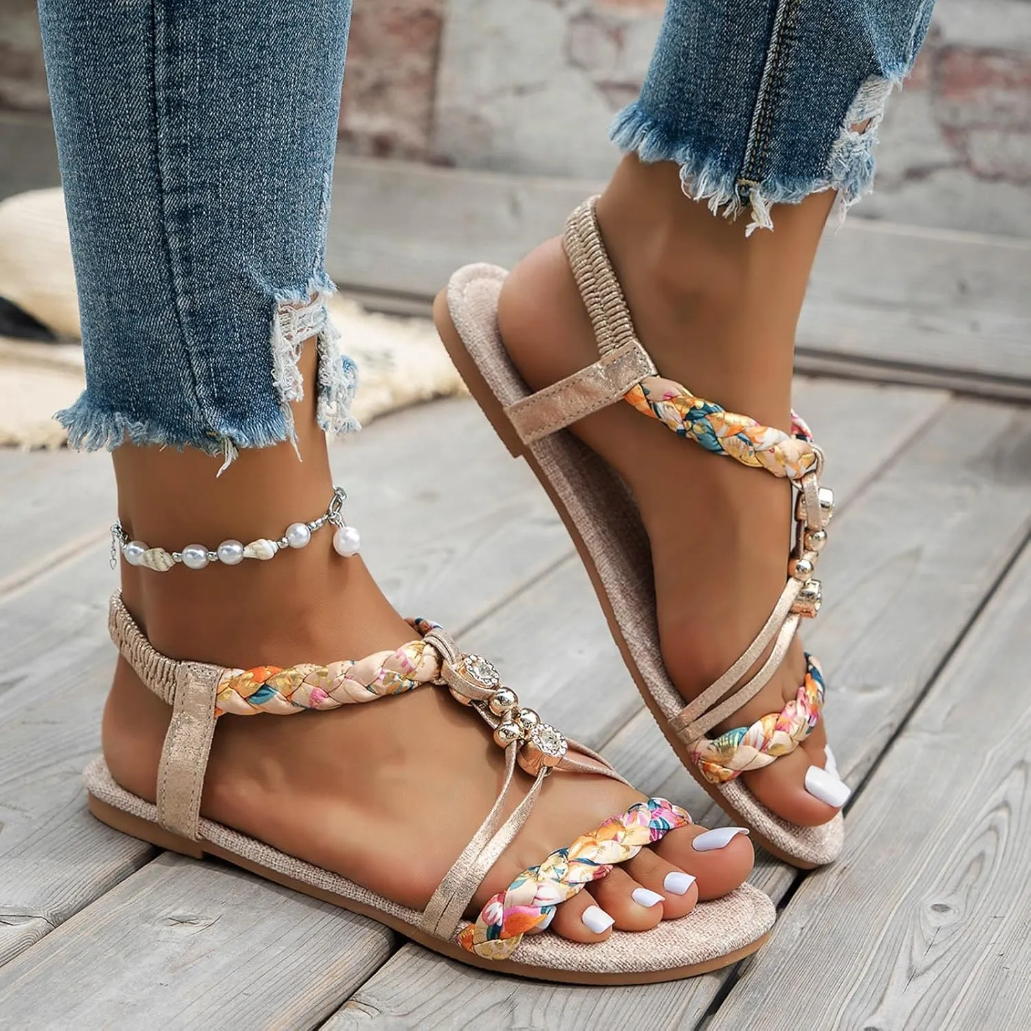 Womens Flat Sandals Ankle Strap Boho Sandals for Women 2025 Dressy Slip on Comfortable Bohemian Beaded Summer Thong Flats