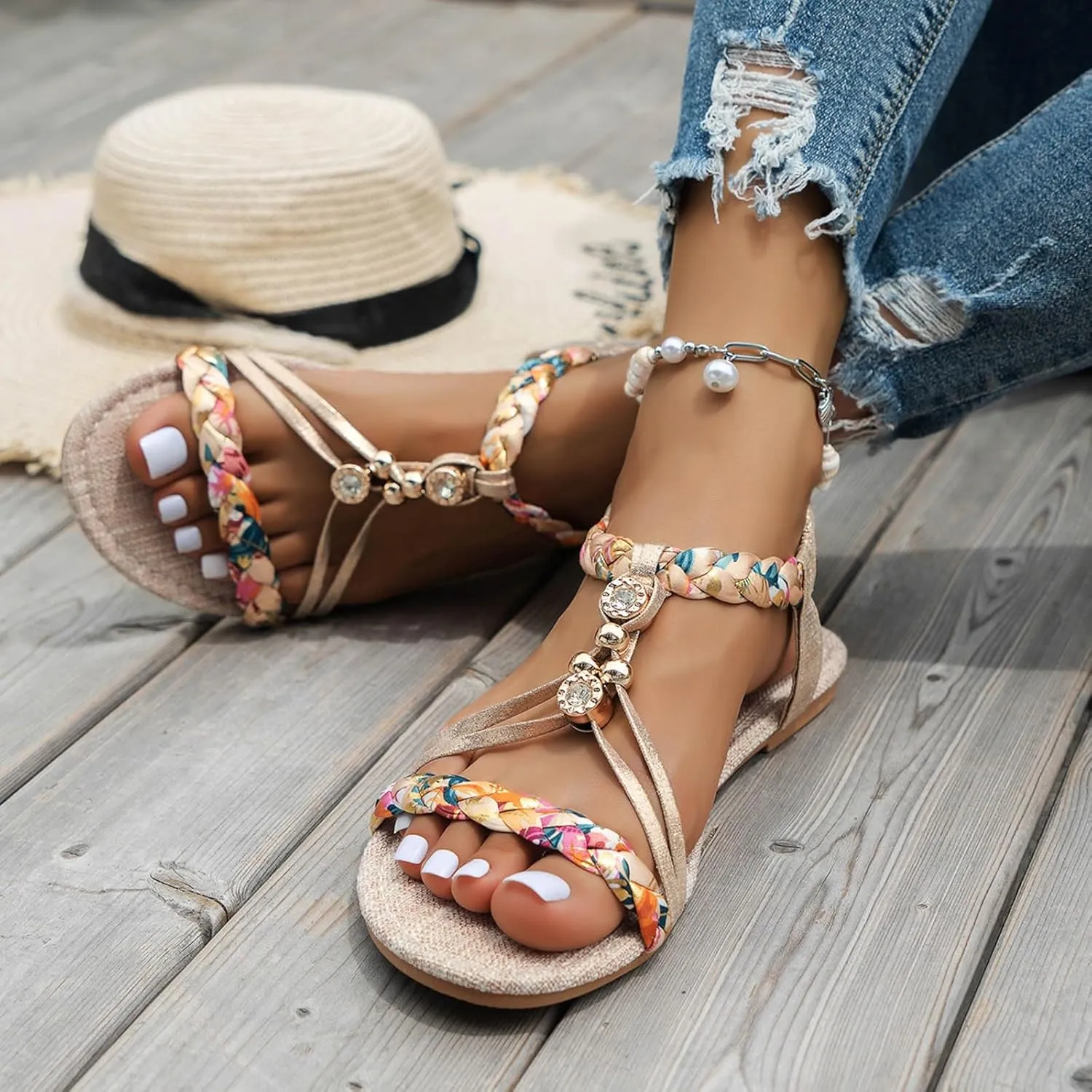 Womens Flat Sandals Ankle Strap Boho Sandals for Women 2025 Dressy Slip on Comfortable Bohemian Beaded Summer Thong Flats