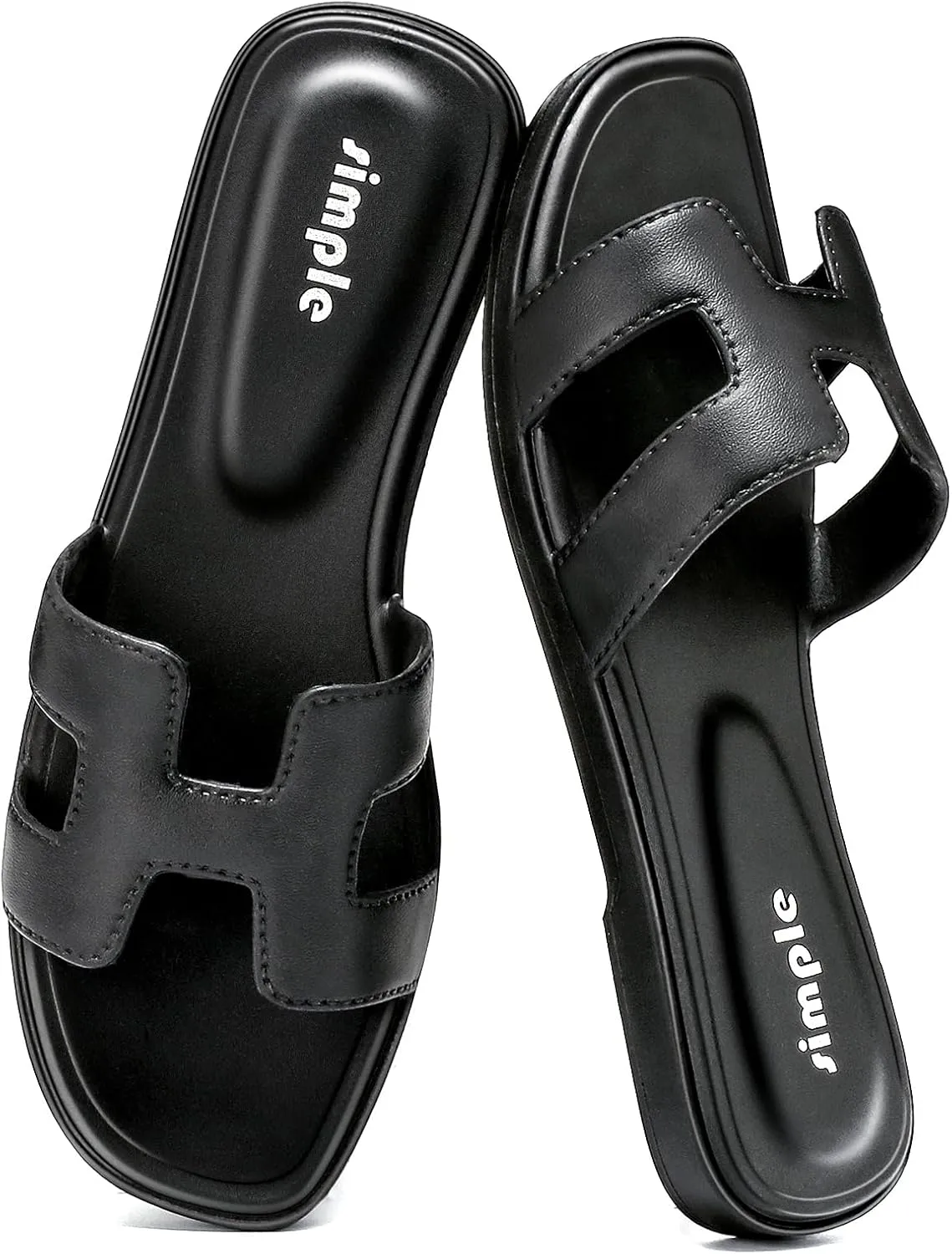 Womens Flat Sandals - Comfortable Womens Slip On Slides Open Toe Sandals Women Dressy Summer for Vacations, Black White, Gifts for Ladies 2025