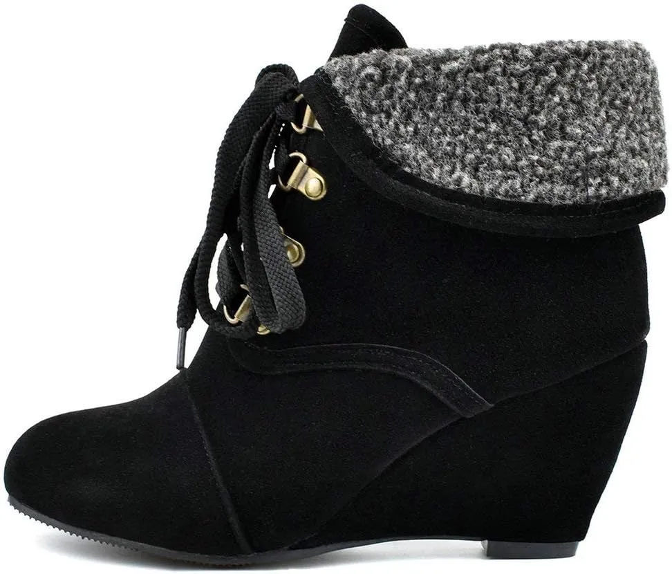 Womens High Heel Wedge Ankle Boots Lace Up Booties Autumn Winter Shoes