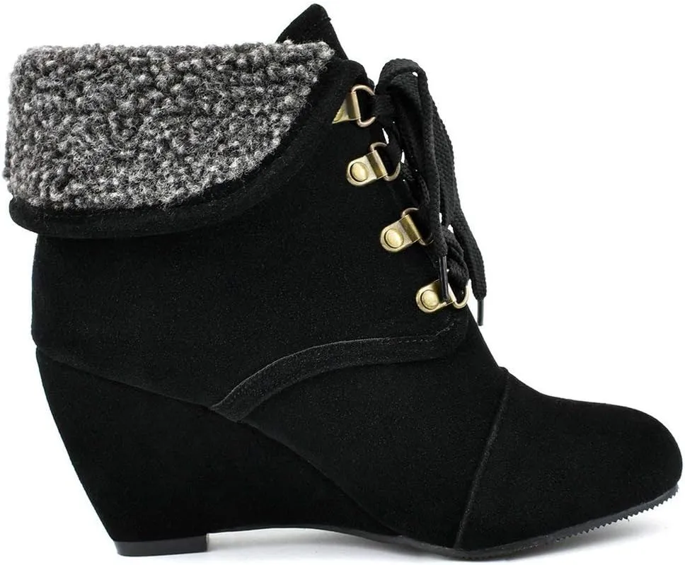 Womens High Heel Wedge Ankle Boots Lace Up Booties Autumn Winter Shoes