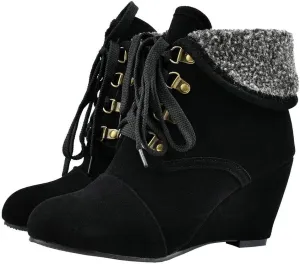 Womens High Heel Wedge Ankle Boots Lace Up Booties Autumn Winter Shoes
