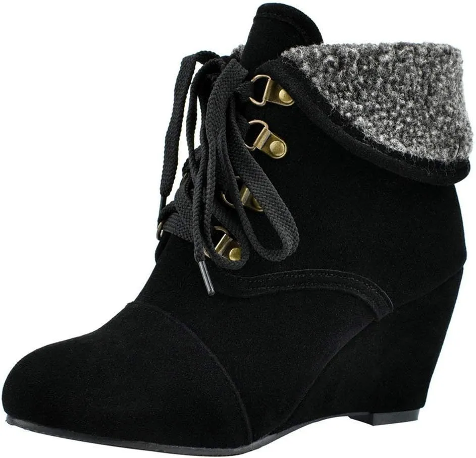 Womens High Heel Wedge Ankle Boots Lace Up Booties Autumn Winter Shoes