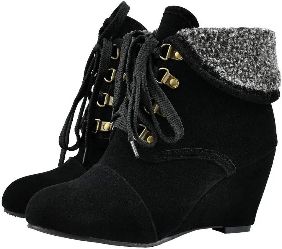 Womens High Heel Wedge Ankle Boots Lace Up Booties Autumn Winter Shoes