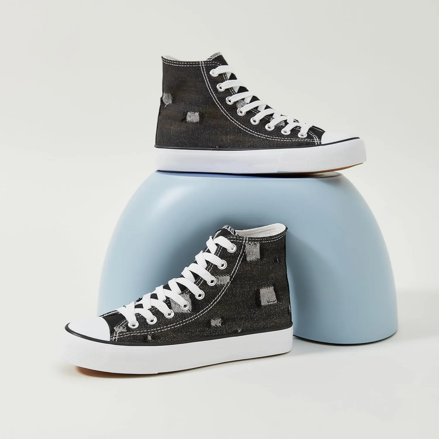 Womens High Top Sneakers,Black Canvas Tennis Shoes for Womens Fashion Lace Up Casual Shoes,Classic High Tops Walking Comfort Sneakers for Women