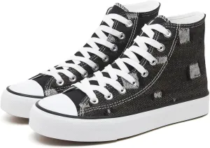 Womens High Top Sneakers,Black Canvas Tennis Shoes for Womens Fashion Lace Up Casual Shoes,Classic High Tops Walking Comfort Sneakers for Women