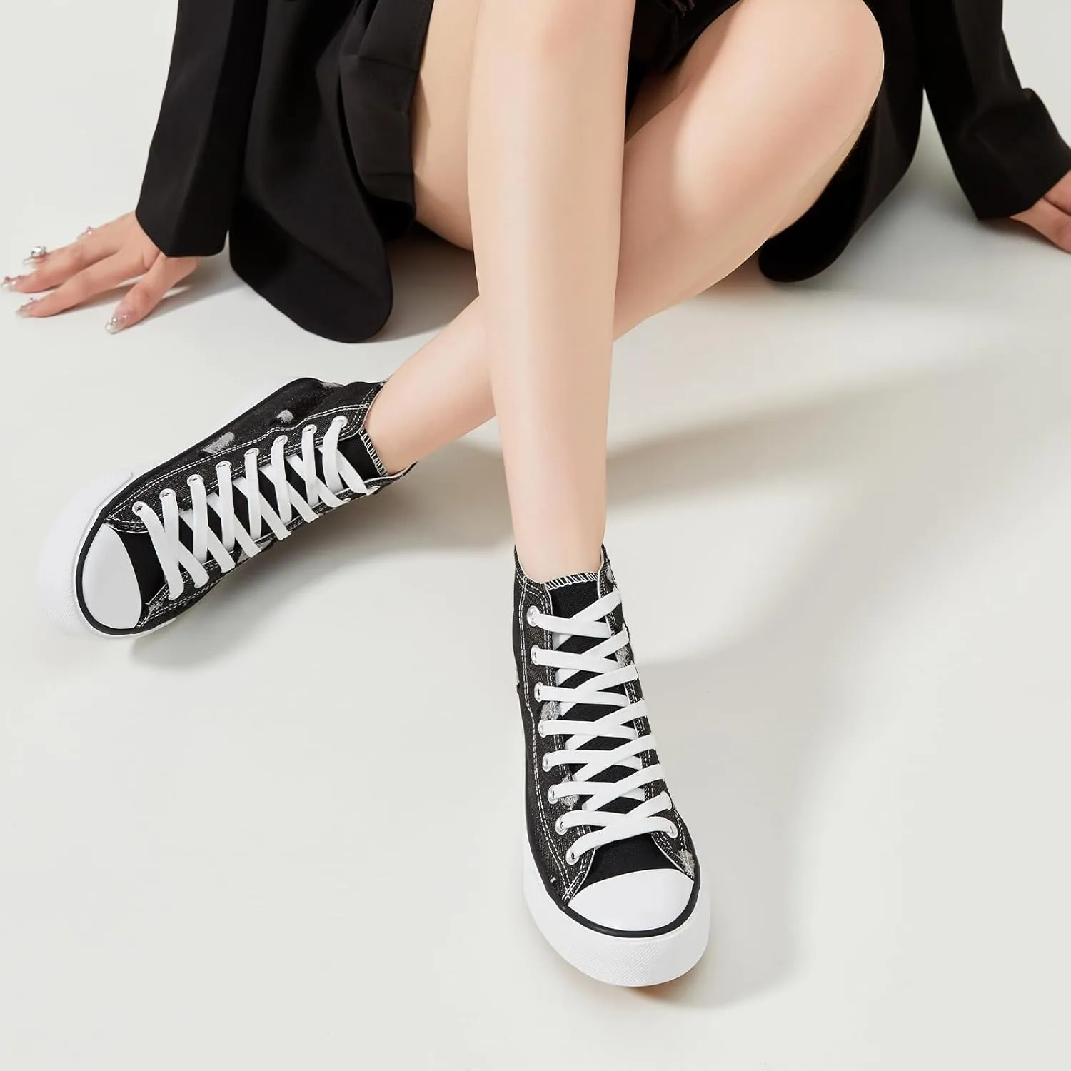 Womens High Top Sneakers,Black Canvas Tennis Shoes for Womens Fashion Lace Up Casual Shoes,Classic High Tops Walking Comfort Sneakers for Women