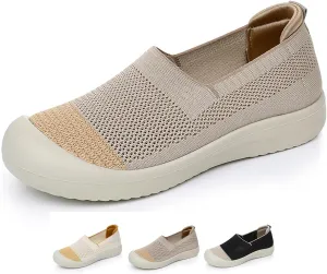 Women's Knit Breathable Flat Walking Shoes Fashion Anti-Collision Round Toe Shallow Mouth Slip On Sneakers Comfortable Casual Mesh Canvas Shoes