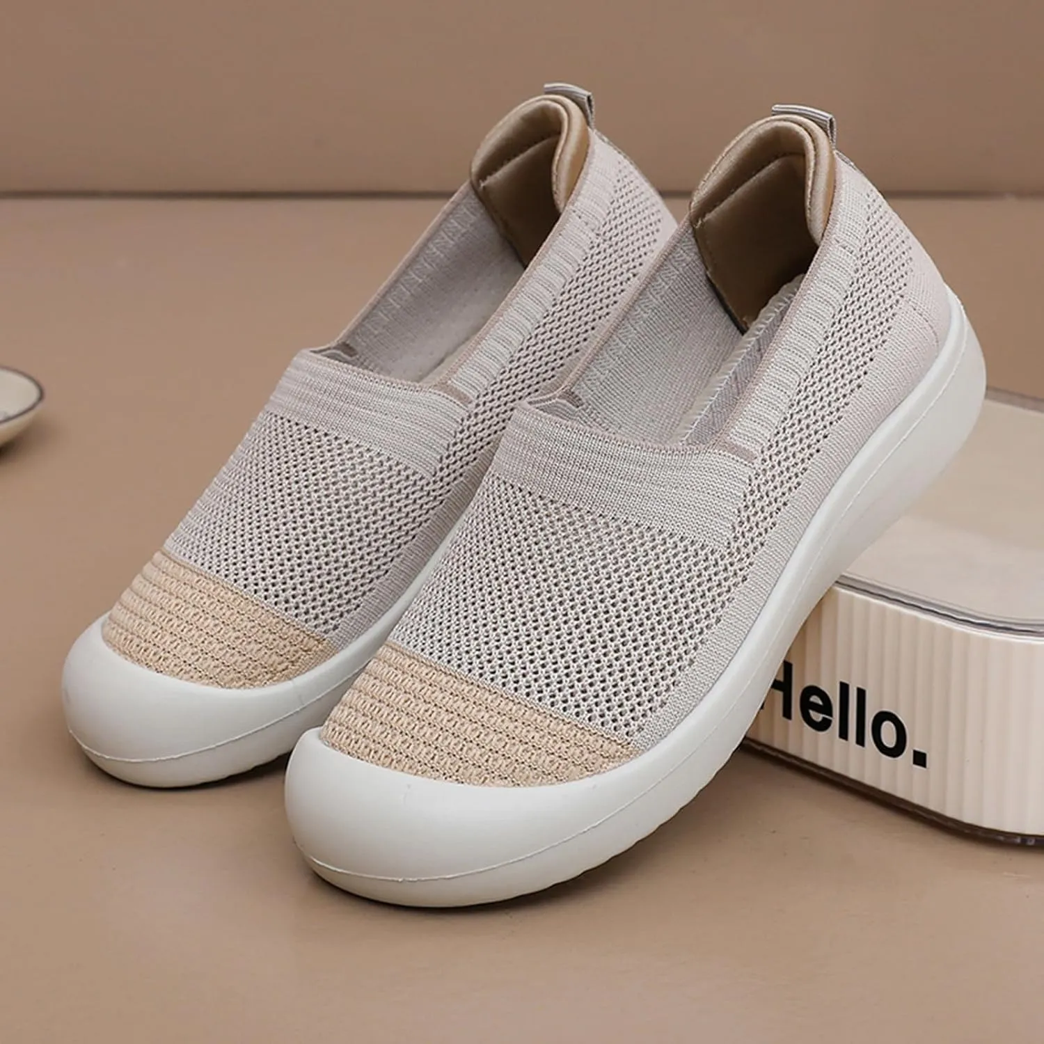 Women's Knit Breathable Flat Walking Shoes Fashion Anti-Collision Round Toe Shallow Mouth Slip On Sneakers Comfortable Casual Mesh Canvas Shoes