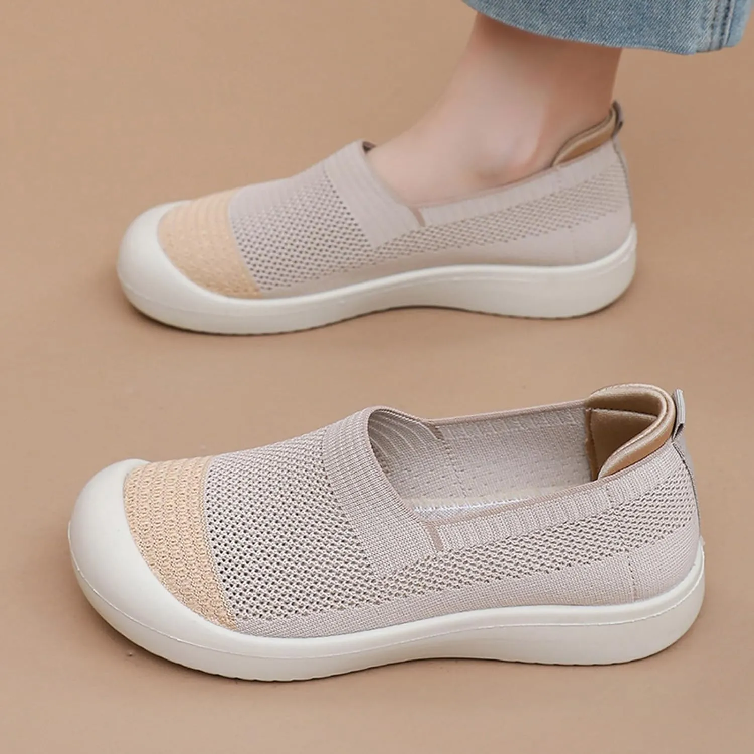 Women's Knit Breathable Flat Walking Shoes Fashion Anti-Collision Round Toe Shallow Mouth Slip On Sneakers Comfortable Casual Mesh Canvas Shoes