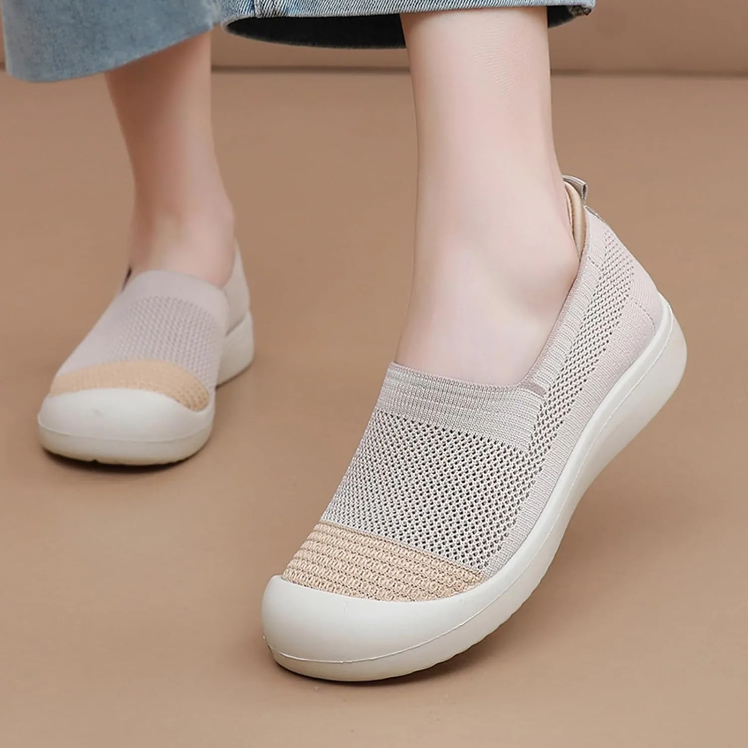 Women's Knit Breathable Flat Walking Shoes Fashion Anti-Collision Round Toe Shallow Mouth Slip On Sneakers Comfortable Casual Mesh Canvas Shoes