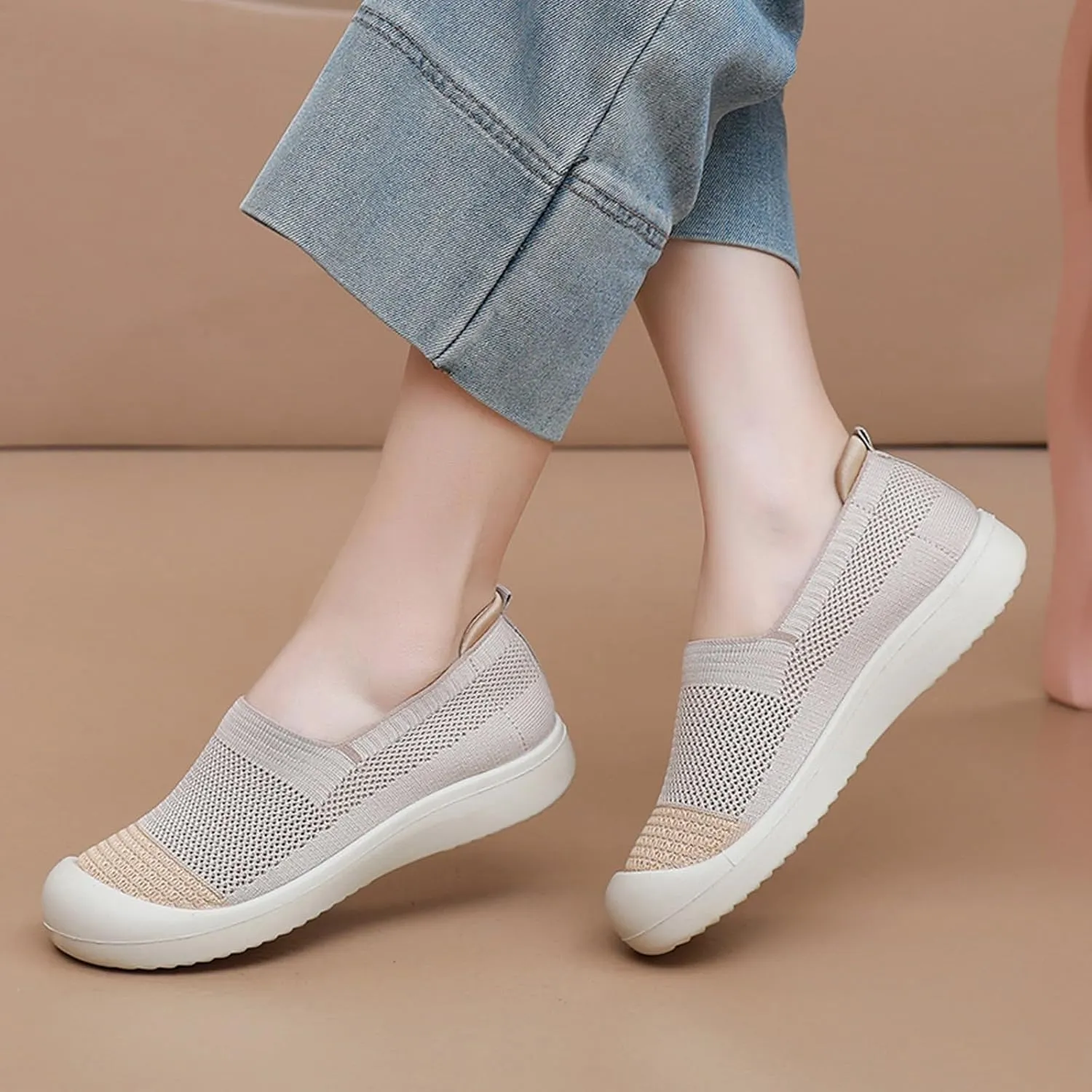 Women's Knit Breathable Flat Walking Shoes Fashion Anti-Collision Round Toe Shallow Mouth Slip On Sneakers Comfortable Casual Mesh Canvas Shoes