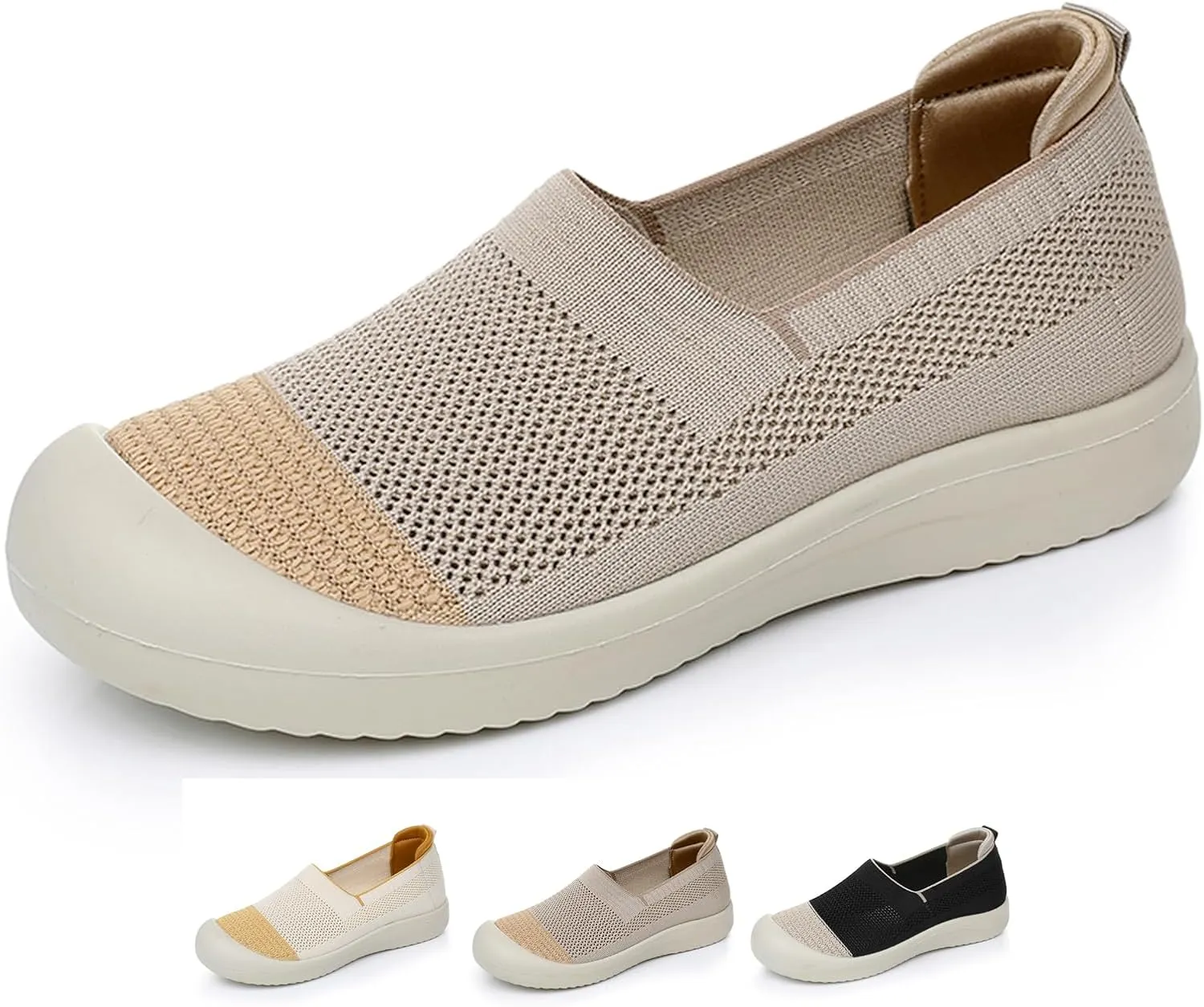 Women's Knit Breathable Flat Walking Shoes Fashion Anti-Collision Round Toe Shallow Mouth Slip On Sneakers Comfortable Casual Mesh Canvas Shoes