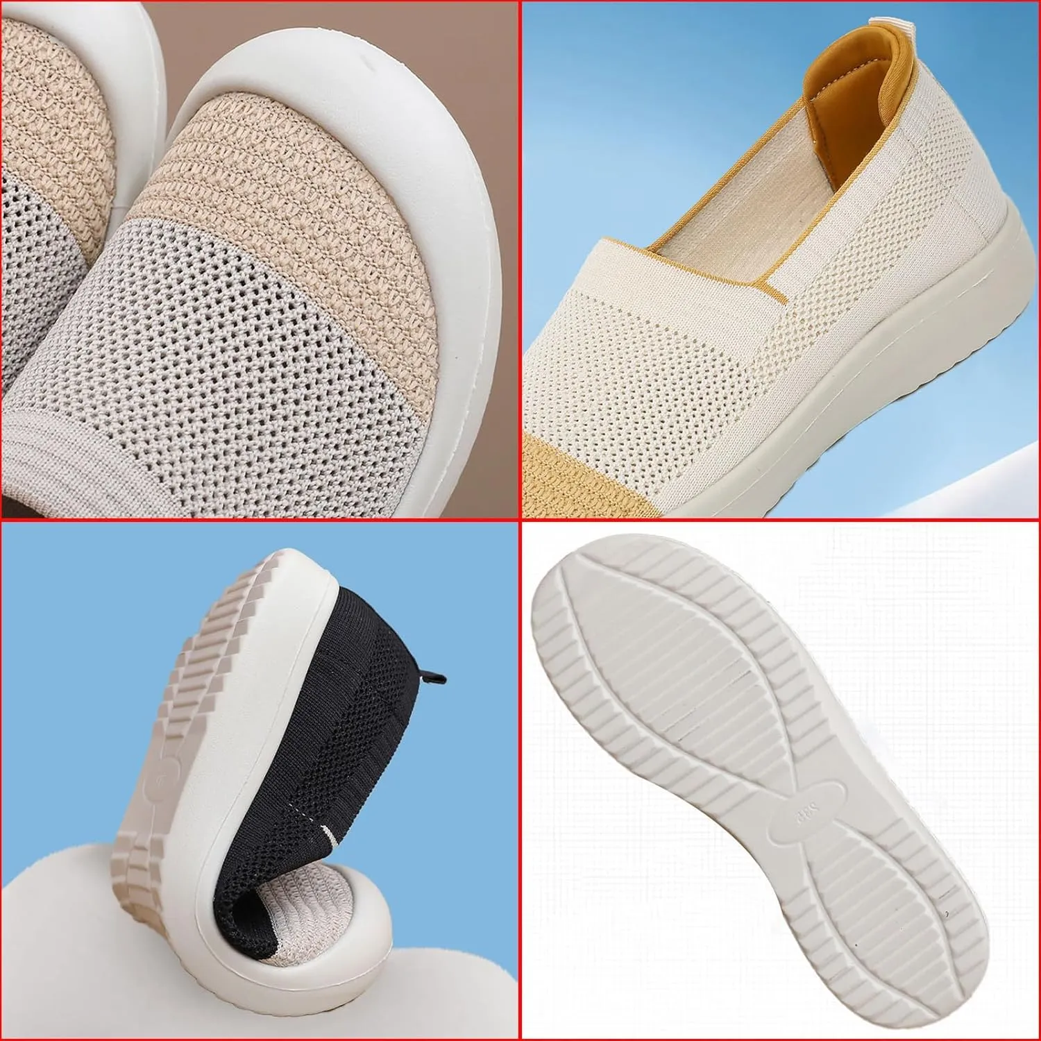 Women's Knit Breathable Flat Walking Shoes Fashion Anti-Collision Round Toe Shallow Mouth Slip On Sneakers Comfortable Casual Mesh Canvas Shoes