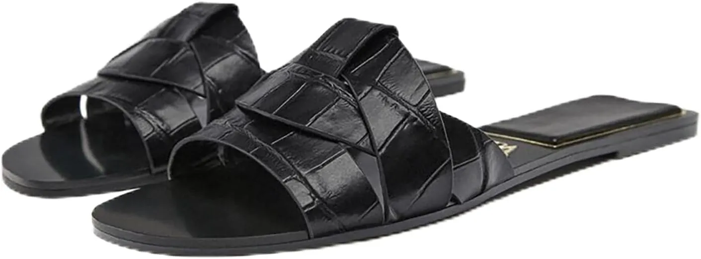 Women's Leather Criss Cross Strappy Slip On Slides Sandals Fashion Braided Round Open Toe Flat Beach Slipper Summer Casual Walking Party Sandals