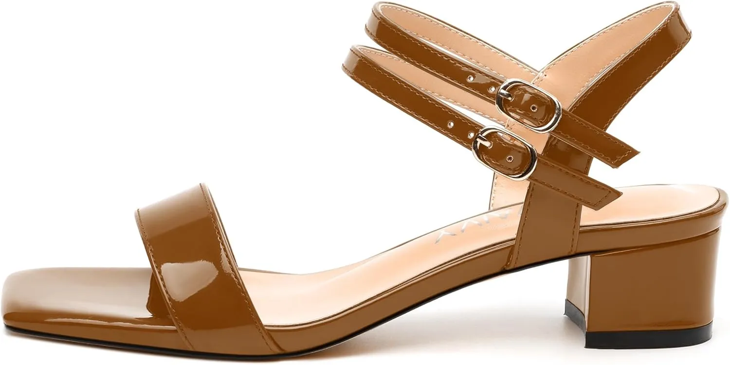 Women's Low Heel Sandals - Open Square Toe with Adjustable Ankle Strap, Solid Color Casual Heeled Sandals for Work & Daily Outings