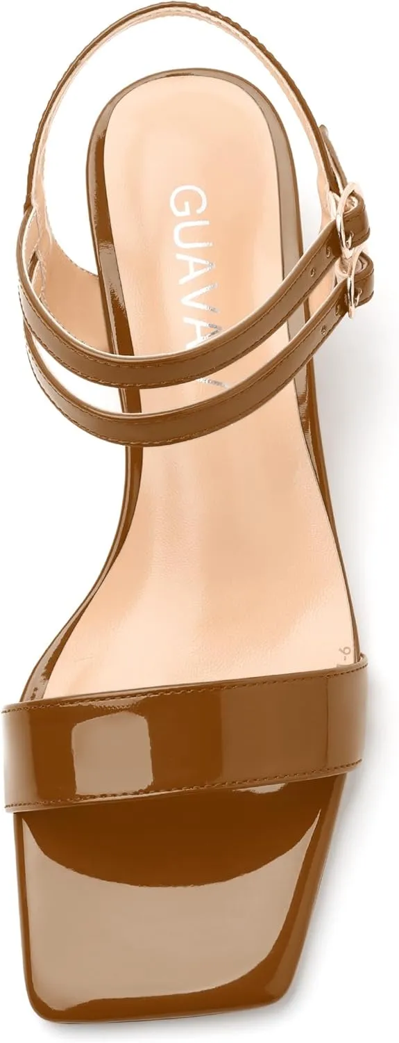 Women's Low Heel Sandals - Open Square Toe with Adjustable Ankle Strap, Solid Color Casual Heeled Sandals for Work & Daily Outings