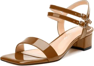 Women's Low Heel Sandals - Open Square Toe with Adjustable Ankle Strap, Solid Color Casual Heeled Sandals for Work & Daily Outings