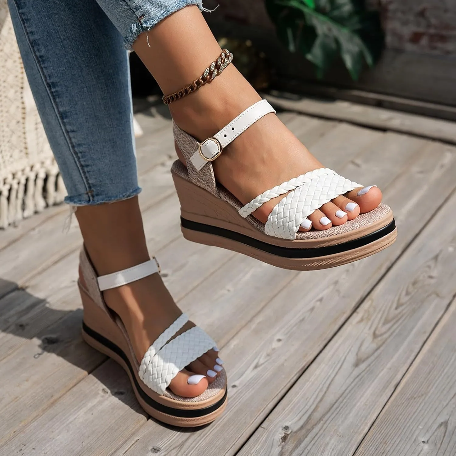 Womens Low Wedge Heels Sandals Shoes,Open Toe Espadrille Woven One Word Strap Wedge Heel Sandals Comfortable Lightweight Fashionable Casual Bohemian Walking Summer Beach Shoes