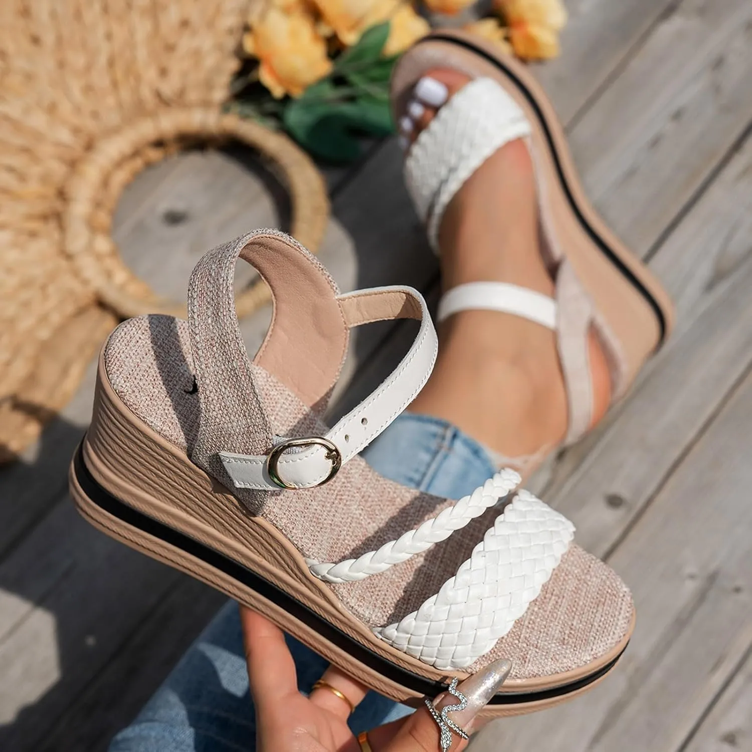 Womens Low Wedge Heels Sandals Shoes,Open Toe Espadrille Woven One Word Strap Wedge Heel Sandals Comfortable Lightweight Fashionable Casual Bohemian Walking Summer Beach Shoes