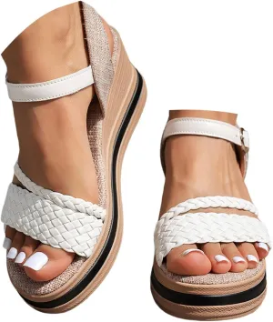 Womens Low Wedge Heels Sandals Shoes,Open Toe Espadrille Woven One Word Strap Wedge Heel Sandals Comfortable Lightweight Fashionable Casual Bohemian Walking Summer Beach Shoes