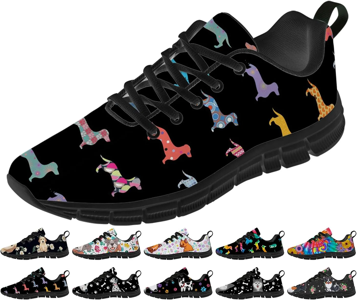 Women's Men's Running Shoes Dog Print Shoes Black Walking Sneakers Cute Tennis Shoes Gifts for Women Men