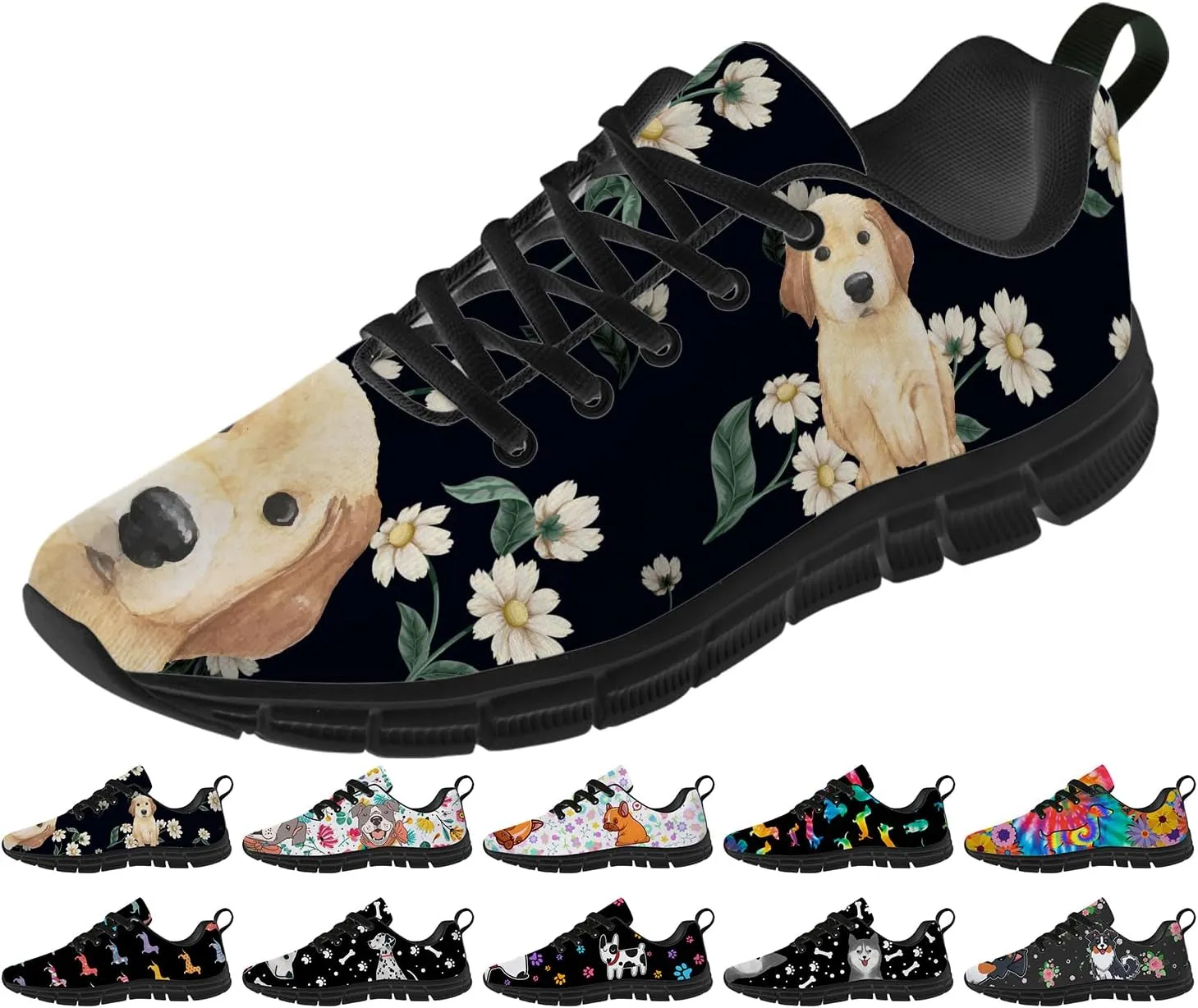 Women's Men's Running Shoes Dog Print Shoes Black Walking Sneakers Cute Tennis Shoes Gifts for Women Men