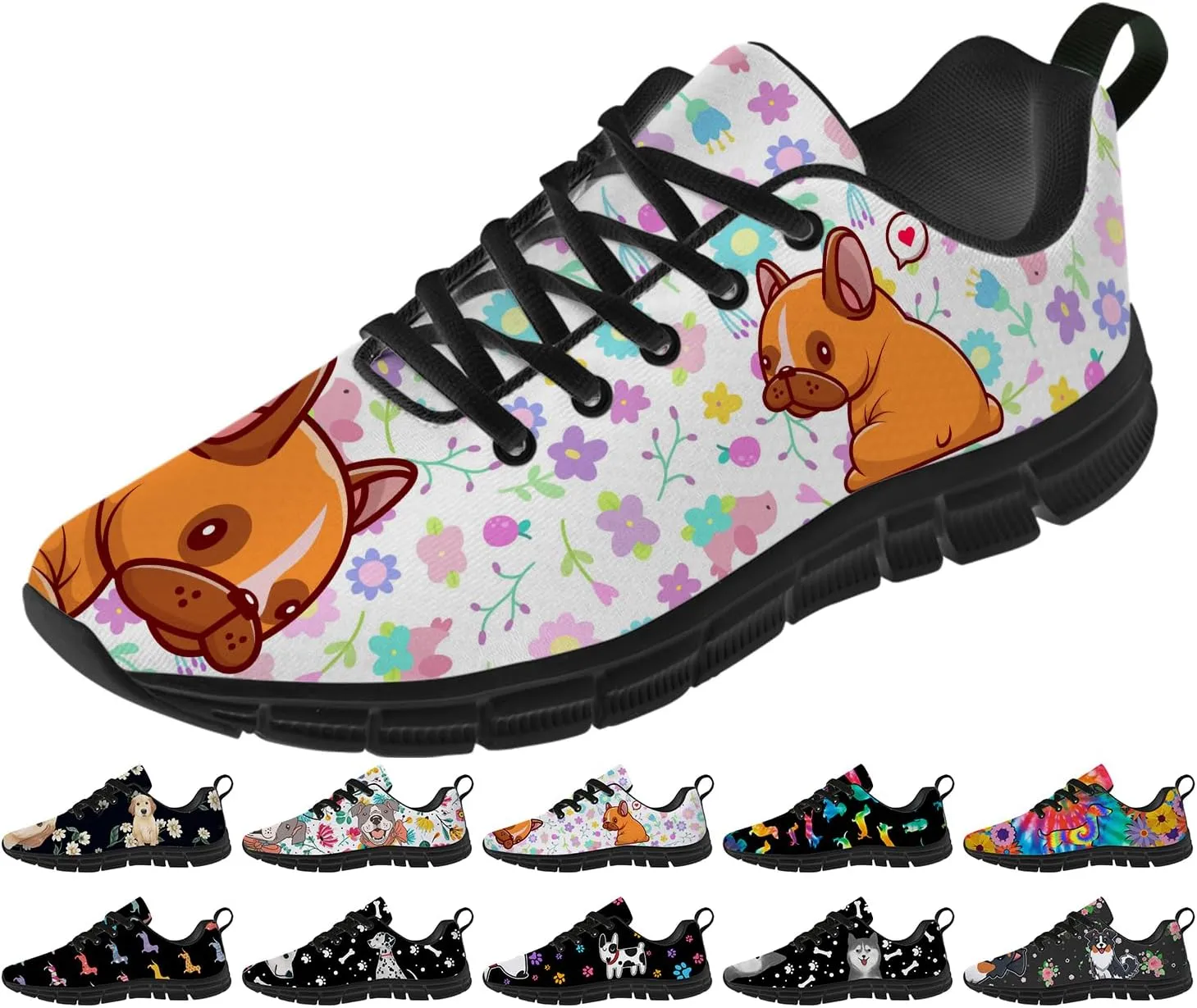 Women's Men's Running Shoes Dog Print Shoes Black Walking Sneakers Cute Tennis Shoes Gifts for Women Men