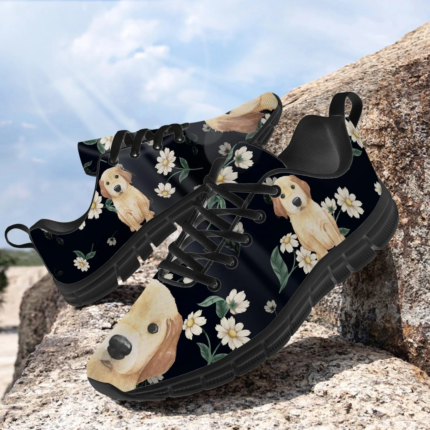 Women's Men's Running Shoes Dog Print Shoes Black Walking Sneakers Cute Tennis Shoes Gifts for Women Men