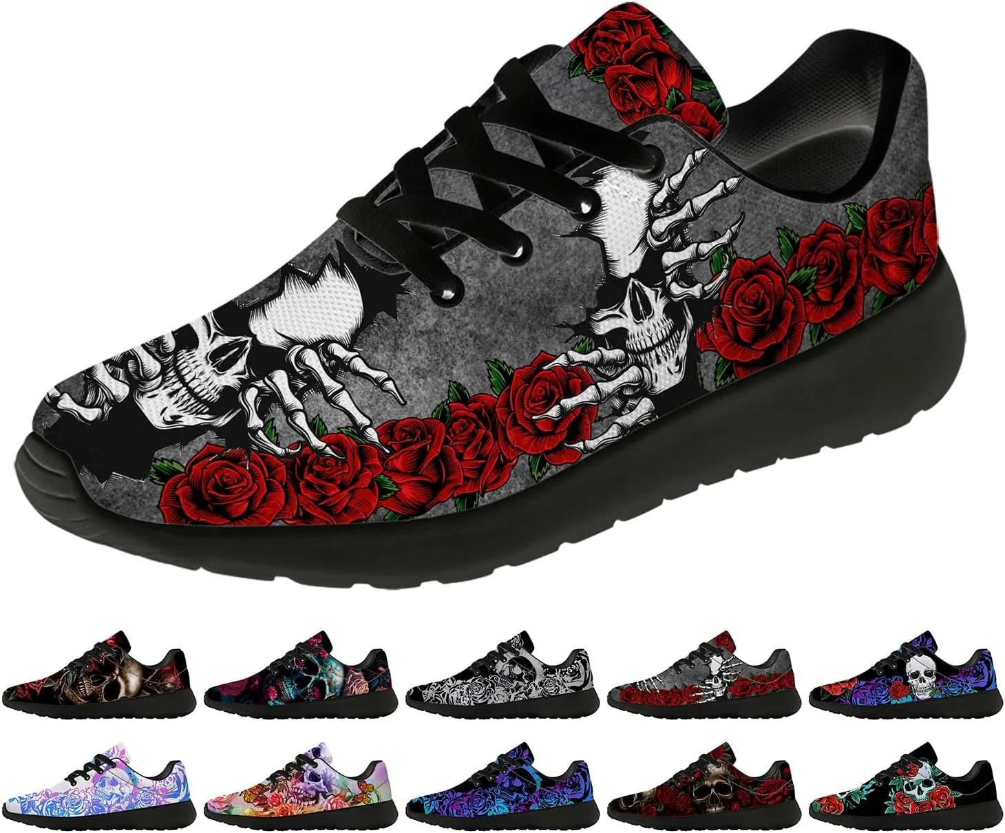 Women's Men's Skull Shoes Flower Running Shoes Skull Tennis Sneakers Gifts for Women Men
