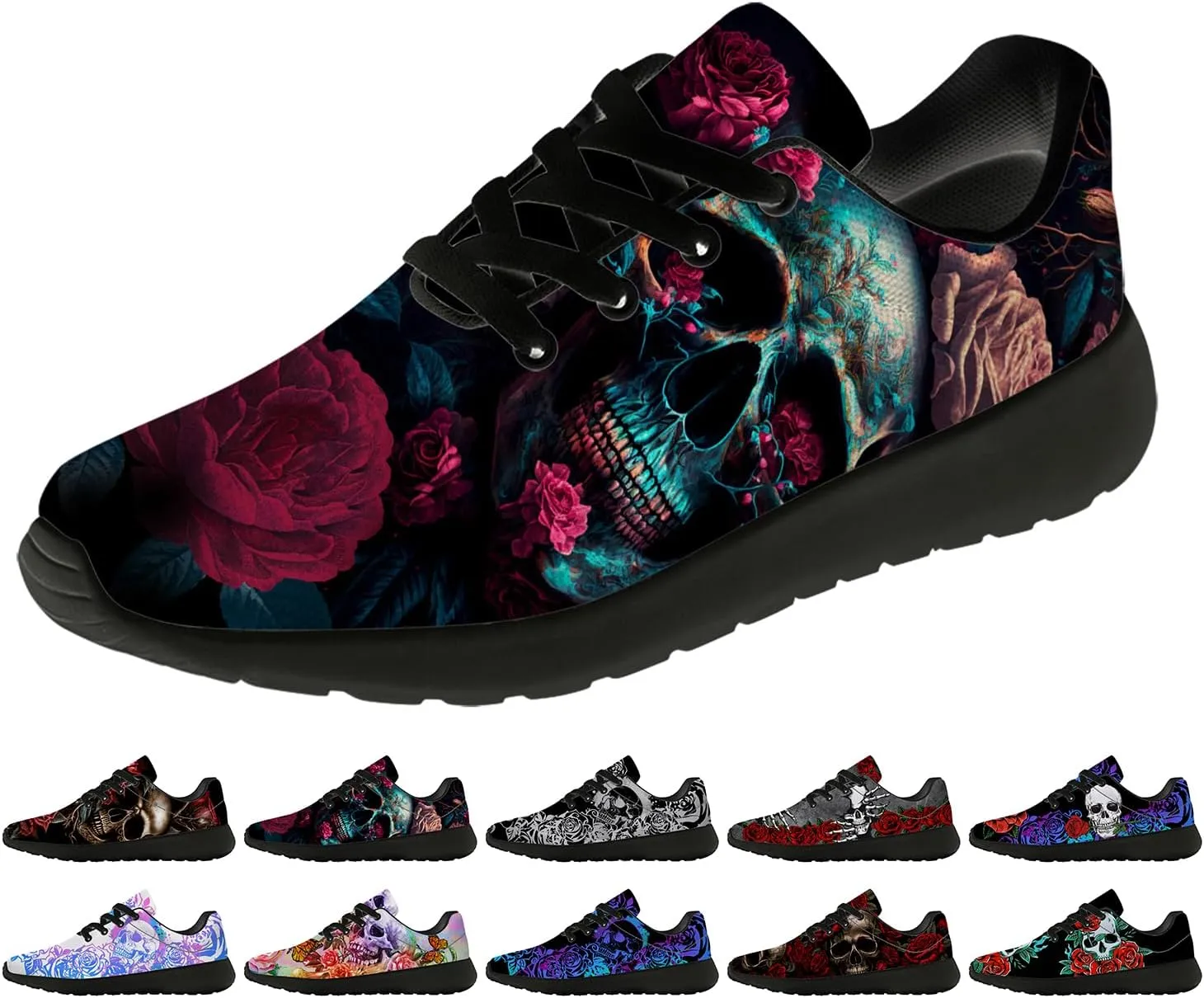 Women's Men's Skull Shoes Flower Running Shoes Skull Tennis Sneakers Gifts for Women Men