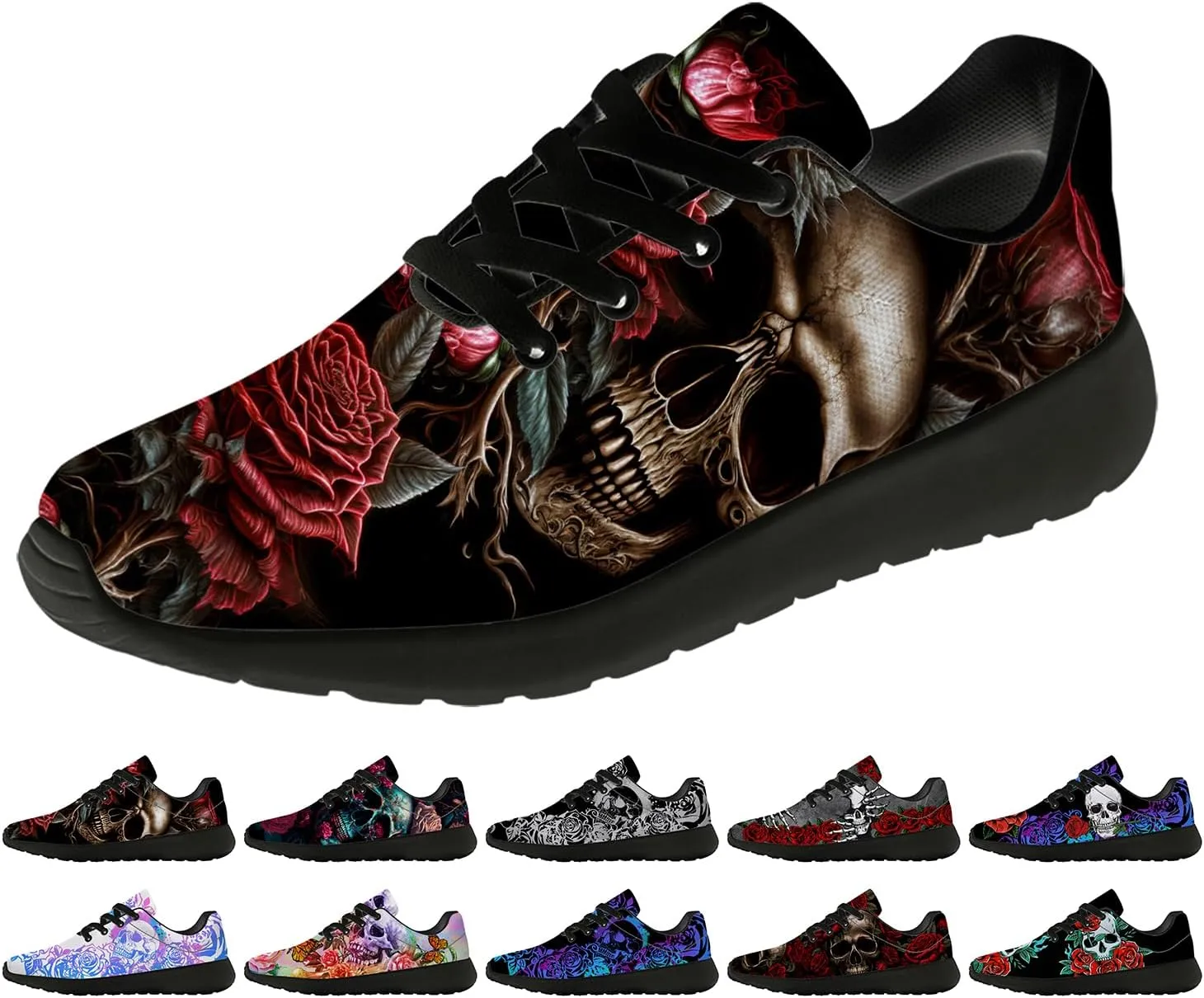 Women's Men's Skull Shoes Flower Running Shoes Skull Tennis Sneakers Gifts for Women Men