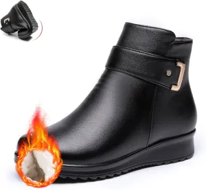Women's Metal Buckle Genuine Leather Wool Orthopedic Boots,Winter Warm Non-Slip Fur Lined Waterproof Ankle Boots