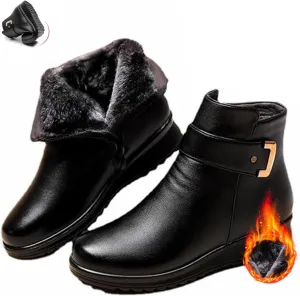 Women's Metal Buckle Genuine Leather Wool Orthopedic Boots,Winter Warm Non-Slip Fur Lined Waterproof Ankle Boots