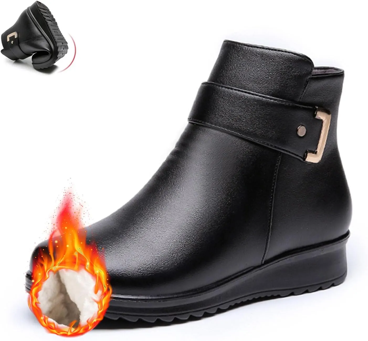 Women's Metal Buckle Genuine Leather Wool Orthopedic Boots,Winter Warm Non-Slip Fur Lined Waterproof Ankle Boots