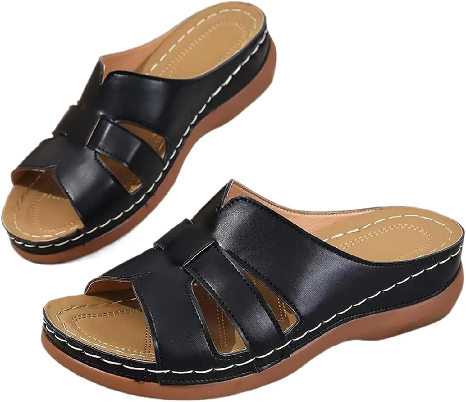 Women's Orthopedic Platform Sandals - Comfortable Slip-On Open Toe Wedge Slides for Summer Walking, Casual Arch Support Shoes with Cushioned Sole