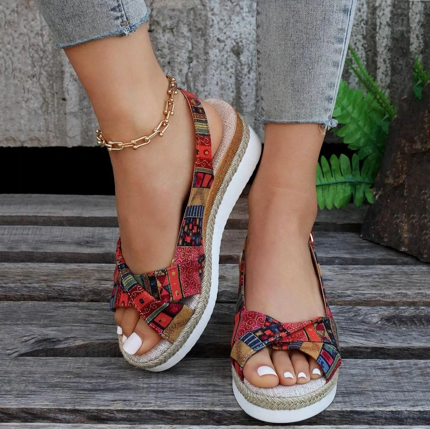 Women's Orthopedic Platform Wedge Sandals with Arch Support 2025 Summer Open Toe Backless Low Heel Fashion Espadrille Dressy Ankle Strap Sandals Slip on Beach Boho Casual Comfortable Outdoor Shoes