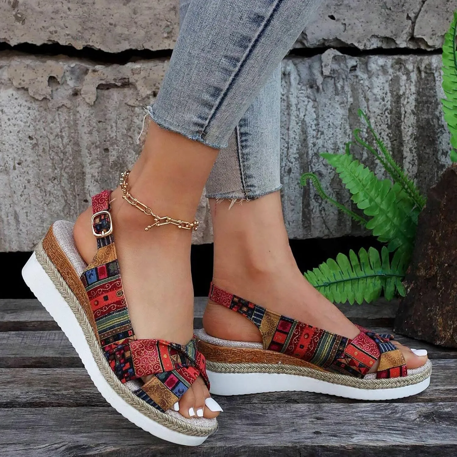 Women's Orthopedic Platform Wedge Sandals with Arch Support 2025 Summer Open Toe Backless Low Heel Fashion Espadrille Dressy Ankle Strap Sandals Slip on Beach Boho Casual Comfortable Outdoor Shoes